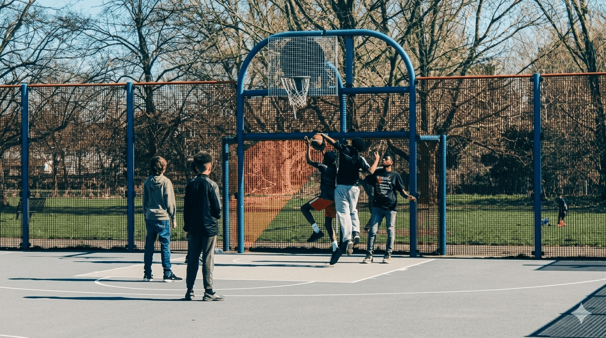 Multi-sports court with synthetic turf flooring